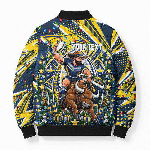 Personalized North Queensland Cowboys Rugby Christmas Bomber Puffer Jacket Holiday Mascot Graphic Art Festive Lights Bow