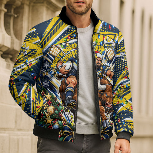 Personalized North Queensland Cowboys Rugby Christmas Bomber Puffer Jacket Holiday Mascot Graphic Art Festive Lights Bow