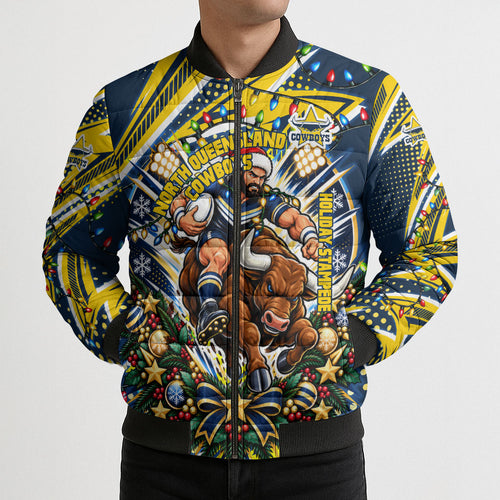 Personalized North Queensland Cowboys Rugby Christmas Bomber Puffer Jacket Holiday Mascot Graphic Art Festive Lights Bow