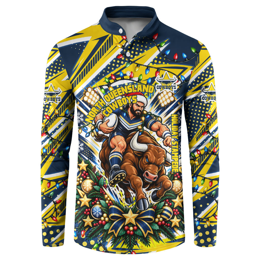 Personalized North Queensland Cowboys Rugby Christmas Button Sweatshirt Holiday Mascot Graphic Art Festive Lights Bow