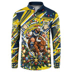 Personalized North Queensland Cowboys Rugby Christmas Button Sweatshirt Holiday Mascot Graphic Art Festive Lights Bow