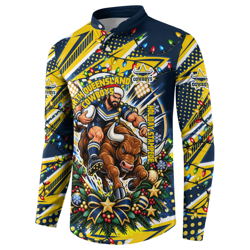 Personalized North Queensland Cowboys Rugby Christmas Button Sweatshirt Holiday Mascot Graphic Art Festive Lights Bow