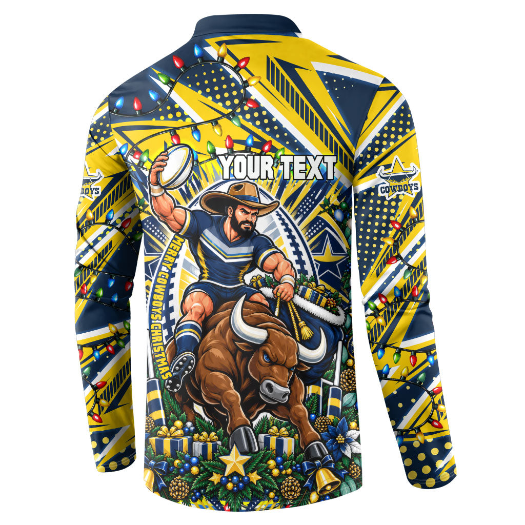 Personalized North Queensland Cowboys Rugby Christmas Button Sweatshirt Holiday Mascot Graphic Art Festive Lights Bow
