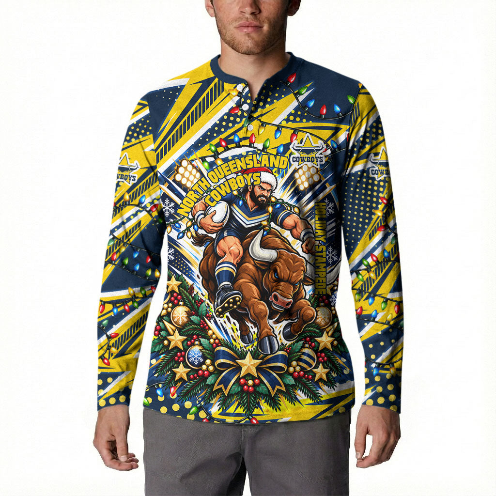 Personalized North Queensland Cowboys Rugby Christmas Button Sweatshirt Holiday Mascot Graphic Art Festive Lights Bow