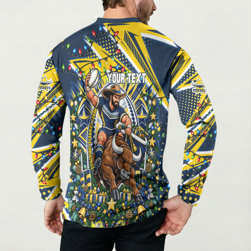 Personalized North Queensland Cowboys Rugby Christmas Button Sweatshirt Holiday Mascot Graphic Art Festive Lights Bow