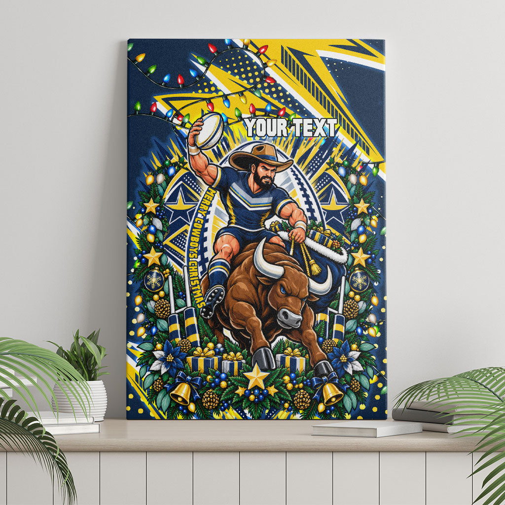 Personalized North Queensland Cowboys Rugby Christmas Canvas Wall Art Holiday Mascot Graphic Art Festive Lights Bow