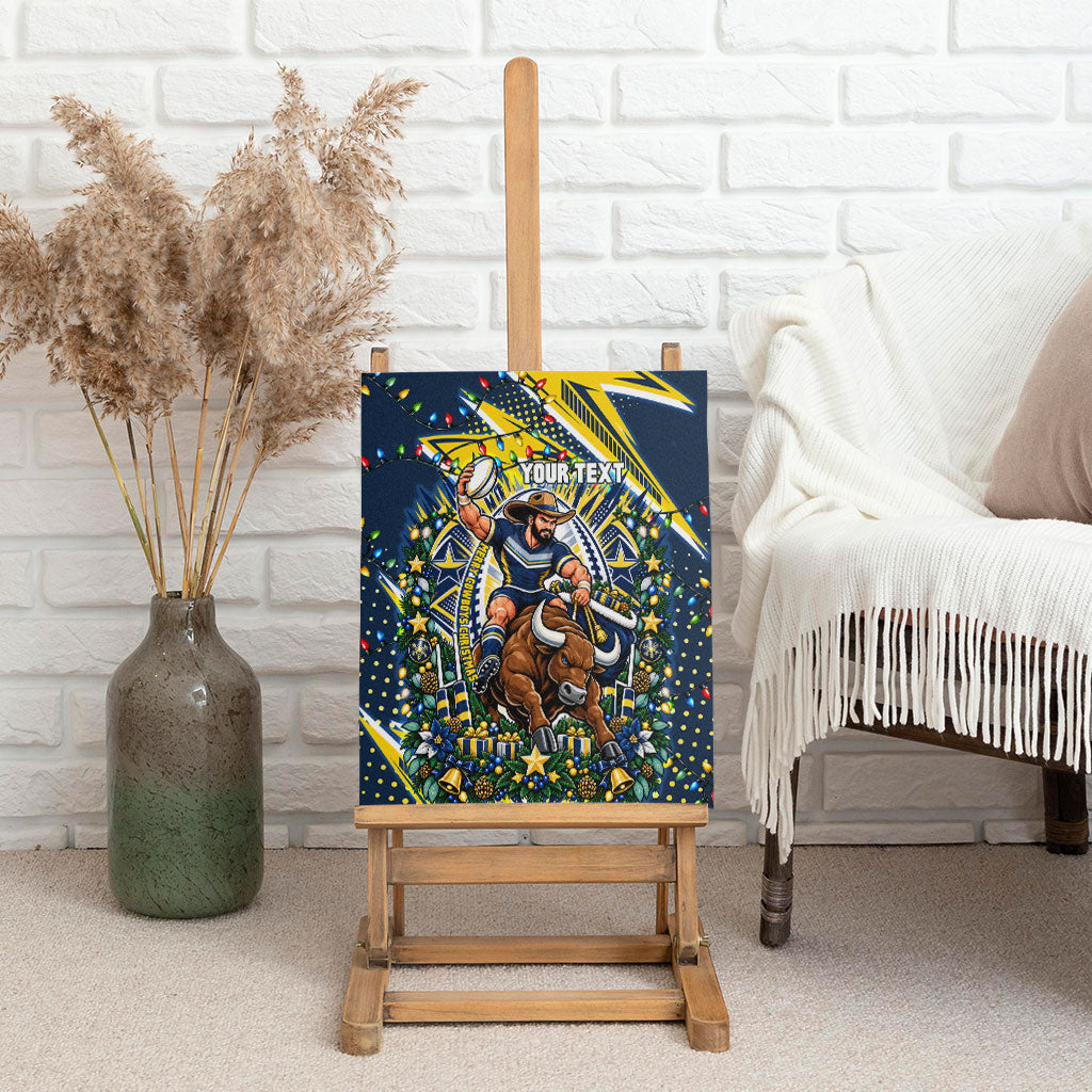 Personalized North Queensland Cowboys Rugby Christmas Canvas Wall Art Holiday Mascot Graphic Art Festive Lights Bow