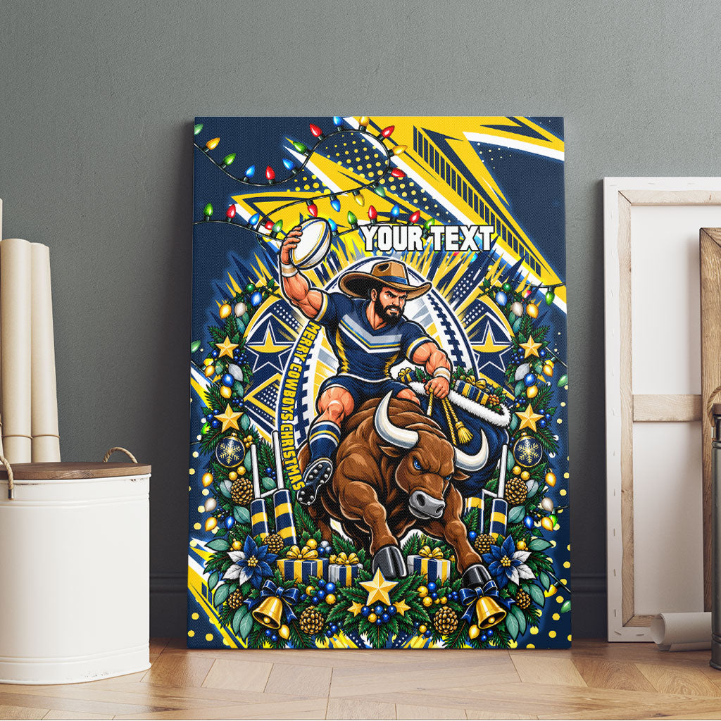Personalized North Queensland Cowboys Rugby Christmas Canvas Wall Art Holiday Mascot Graphic Art Festive Lights Bow