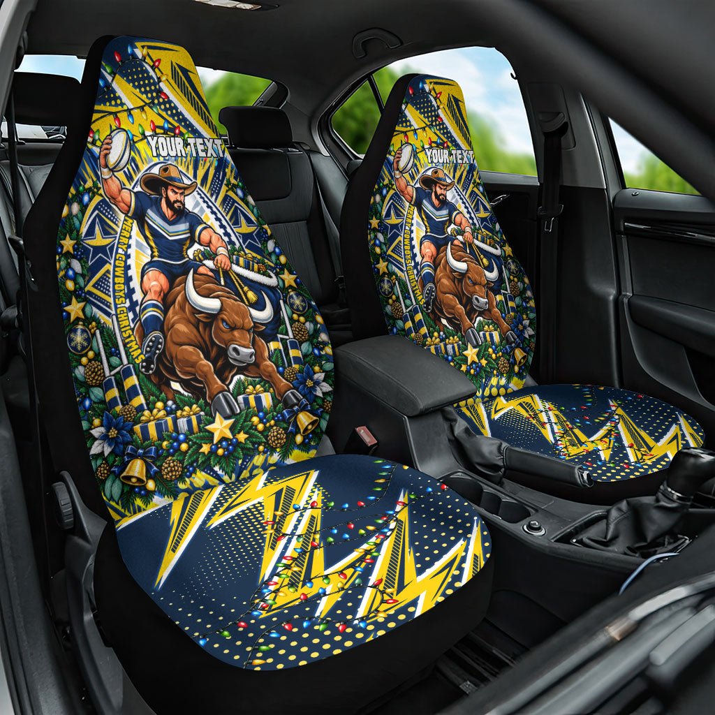 Personalized North Queensland Cowboys Rugby Christmas Car Seat Cover Holiday Mascot Graphic Art Festive Lights Bow