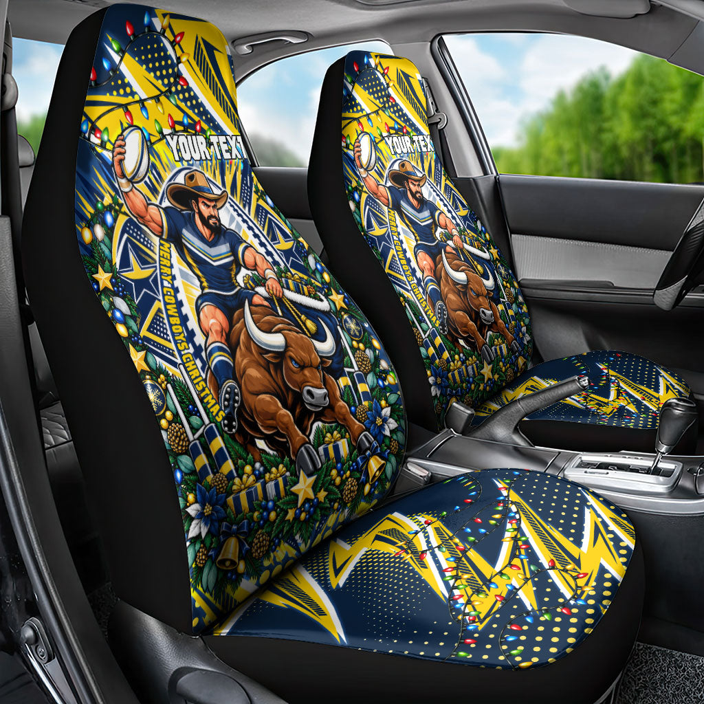 Personalized North Queensland Cowboys Rugby Christmas Car Seat Cover Holiday Mascot Graphic Art Festive Lights Bow