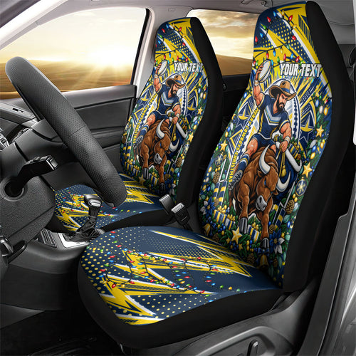 Personalized North Queensland Cowboys Rugby Christmas Car Seat Cover Holiday Mascot Graphic Art Festive Lights Bow