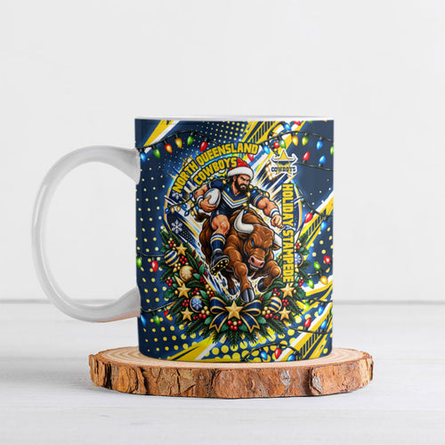 Personalized North Queensland Cowboys Rugby Christmas Ceramic Mug Holiday Mascot Graphic Art Festive Lights Bow