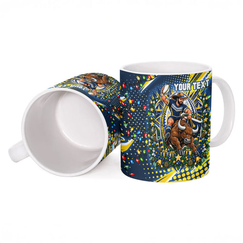 Personalized North Queensland Cowboys Rugby Christmas Ceramic Mug Holiday Mascot Graphic Art Festive Lights Bow