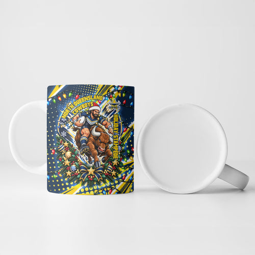 Personalized North Queensland Cowboys Rugby Christmas Ceramic Mug Holiday Mascot Graphic Art Festive Lights Bow