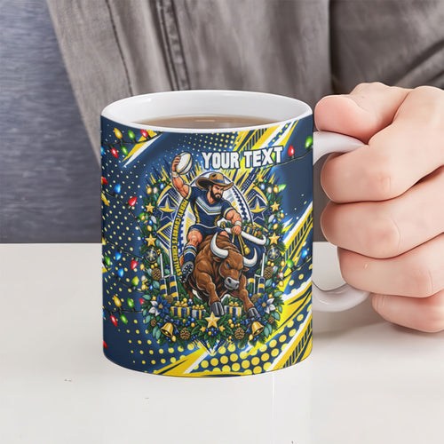 Personalized North Queensland Cowboys Rugby Christmas Ceramic Mug Holiday Mascot Graphic Art Festive Lights Bow