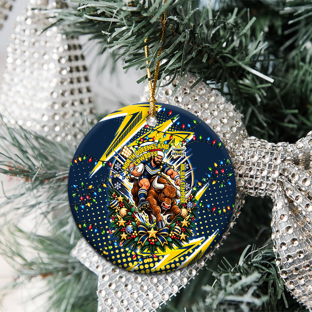 North Queensland Cowboys Rugby Christmas Ceramic Ornament Holiday Mascot Graphic Art Festive Lights Bow