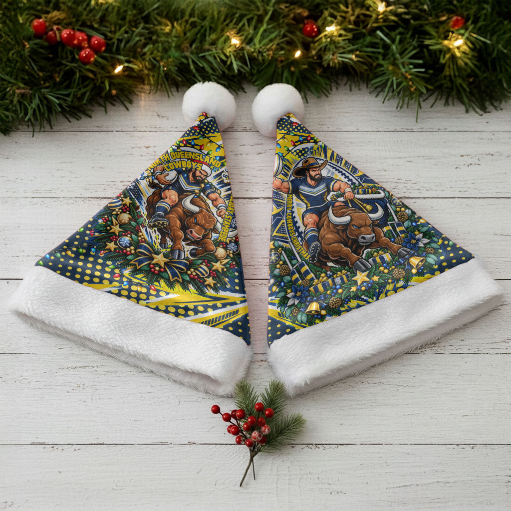 North Queensland Cowboys Rugby Christmas Santa Hat Holiday Mascot Graphic Art Festive Lights Bow
