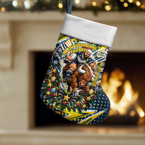 North Queensland Cowboys Rugby Christmas Stocking Holiday Mascot Graphic Art Festive Lights Bow