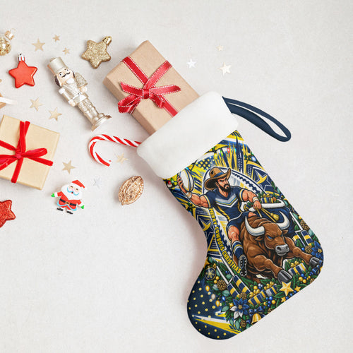 North Queensland Cowboys Rugby Christmas Stocking Holiday Mascot Graphic Art Festive Lights Bow
