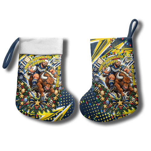 North Queensland Cowboys Rugby Christmas Stocking Holiday Mascot Graphic Art Festive Lights Bow