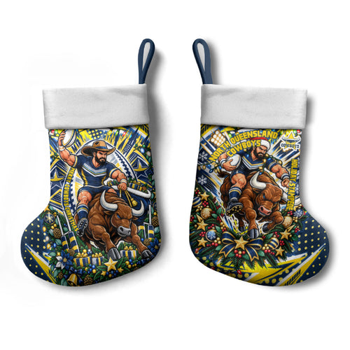 North Queensland Cowboys Rugby Christmas Stocking Holiday Mascot Graphic Art Festive Lights Bow