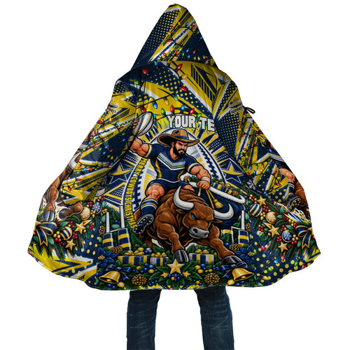 Personalized North Queensland Cowboys Rugby Christmas Cloak Holiday Mascot Graphic Art Festive Lights Bow