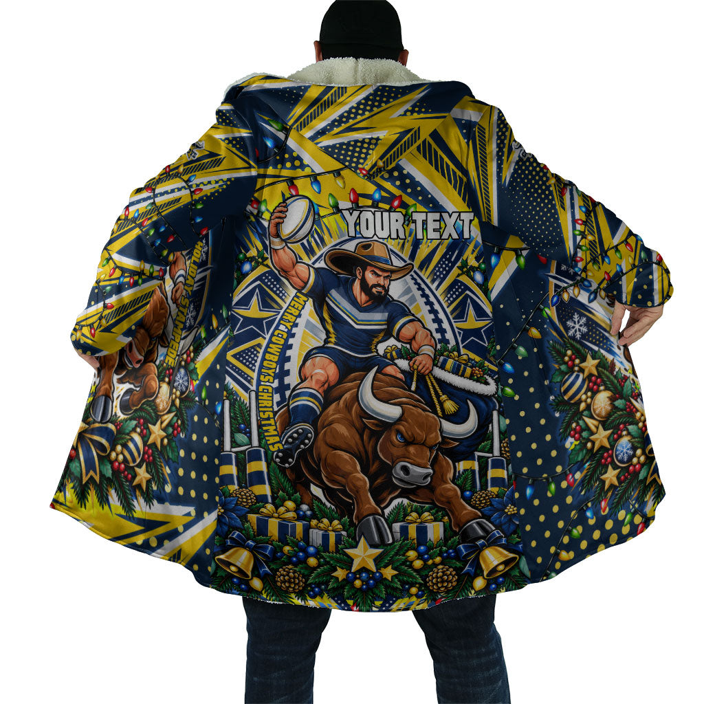 Personalized North Queensland Cowboys Rugby Christmas Cloak Holiday Mascot Graphic Art Festive Lights Bow