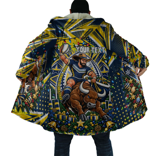 Personalized North Queensland Cowboys Rugby Christmas Cloak Holiday Mascot Graphic Art Festive Lights Bow