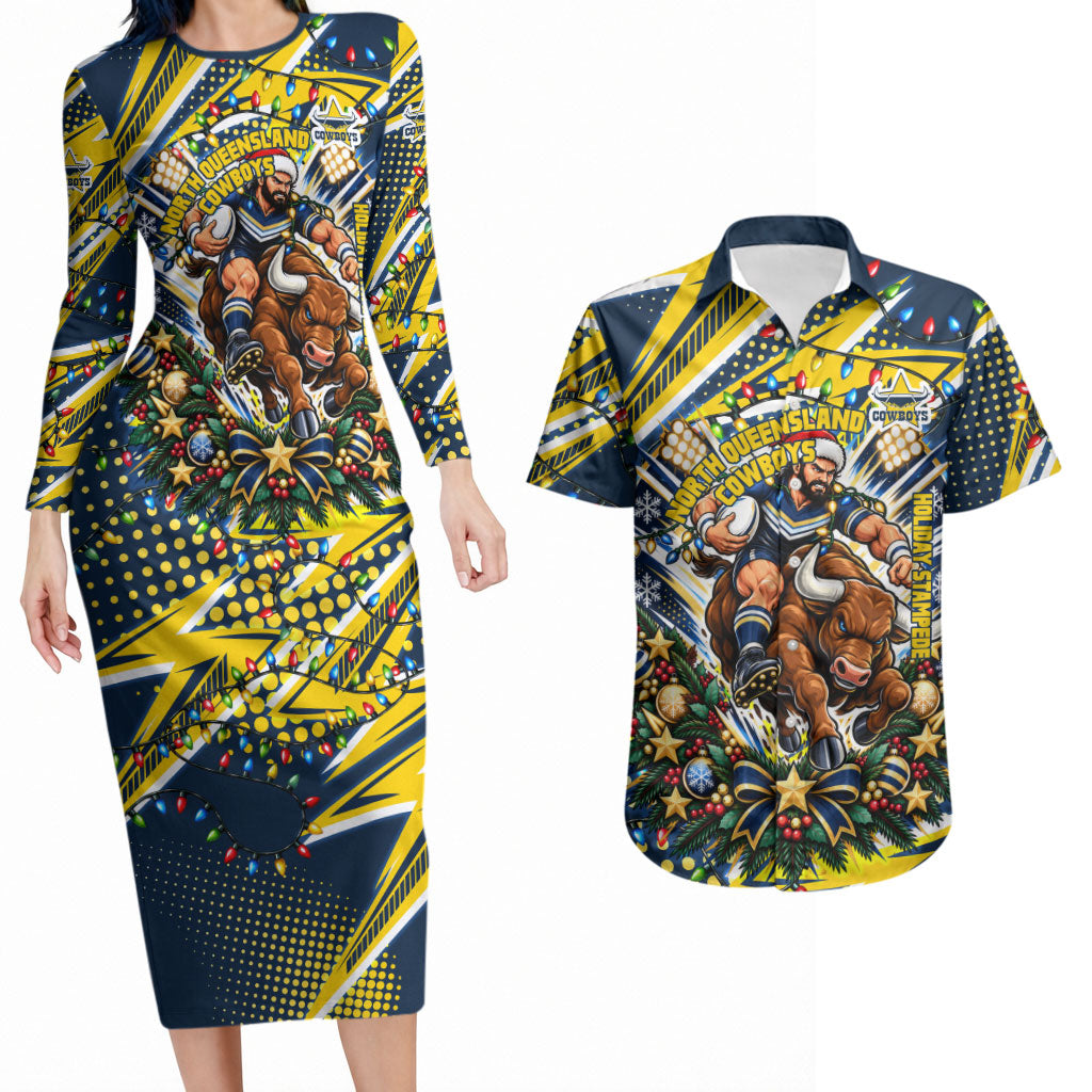 Personalized North Queensland Cowboys Rugby Christmas Couples Matching Long Sleeve Bodycon Dress and Hawaiian Shirt Holiday Mascot Graphic Art Festive Lights Bow