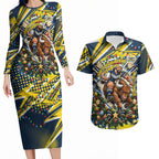 Personalized North Queensland Cowboys Rugby Christmas Couples Matching Long Sleeve Bodycon Dress and Hawaiian Shirt Holiday Mascot Graphic Art Festive Lights Bow