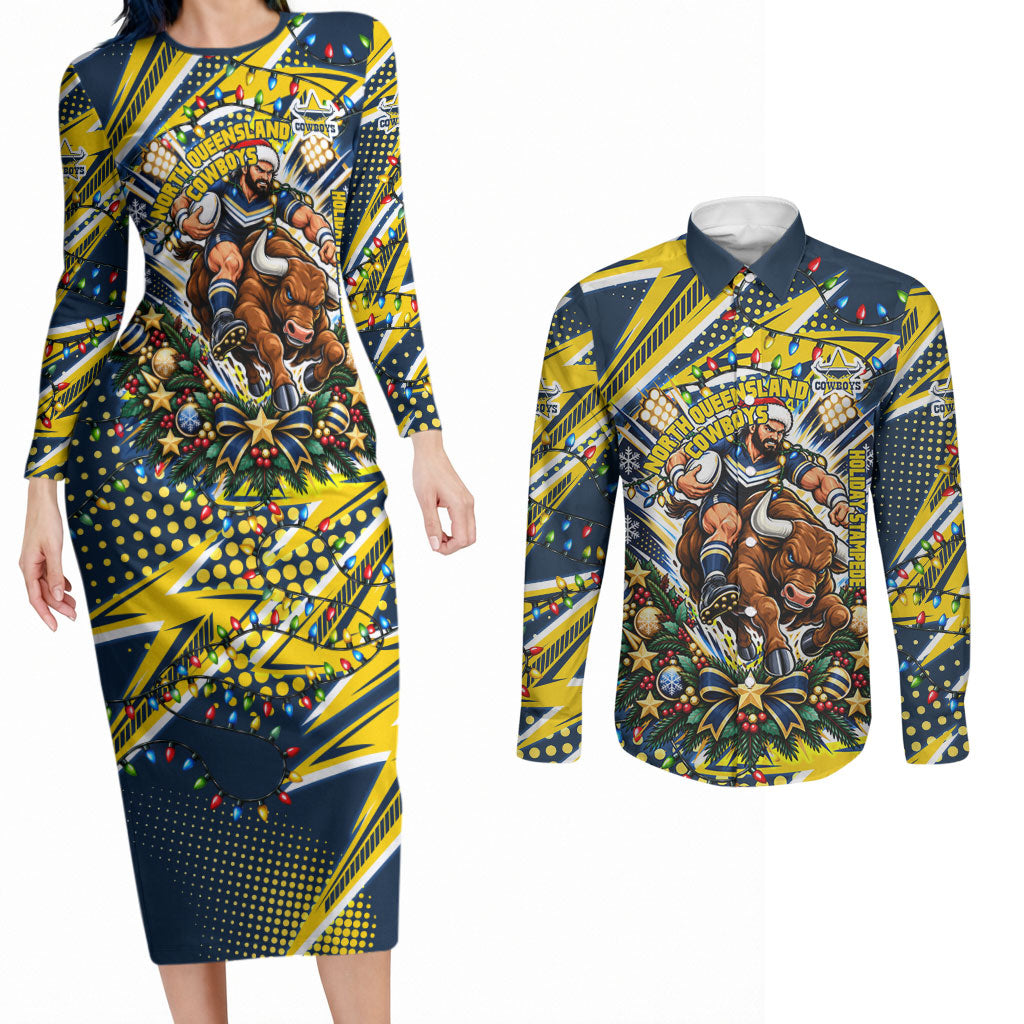 Personalized North Queensland Cowboys Rugby Christmas Couples Matching Long Sleeve Bodycon Dress and Long Sleeve Button Shirt Holiday Mascot Graphic Art Festive Lights Bow