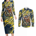 Personalized North Queensland Cowboys Rugby Christmas Couples Matching Long Sleeve Bodycon Dress and Long Sleeve Button Shirt Holiday Mascot Graphic Art Festive Lights Bow