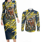 Personalized North Queensland Cowboys Rugby Christmas Couples Matching Long Sleeve Bodycon Dress and Long Sleeve Button Shirt Holiday Mascot Graphic Art Festive Lights Bow