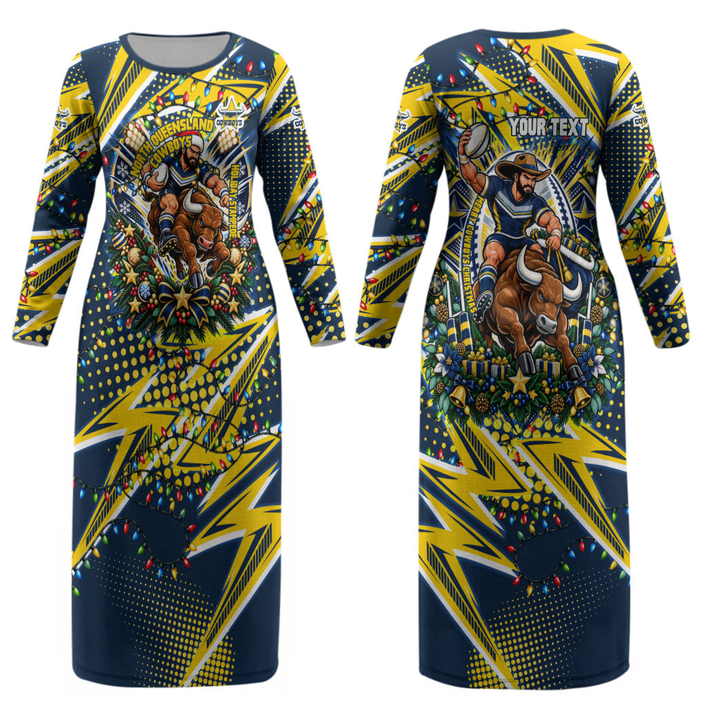 Personalized North Queensland Cowboys Rugby Christmas Couples Matching Long Sleeve Bodycon Dress and Long Sleeve Button Shirt Holiday Mascot Graphic Art Festive Lights Bow
