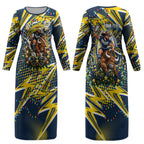 Personalized North Queensland Cowboys Rugby Christmas Couples Matching Long Sleeve Bodycon Dress and Long Sleeve Button Shirt Holiday Mascot Graphic Art Festive Lights Bow