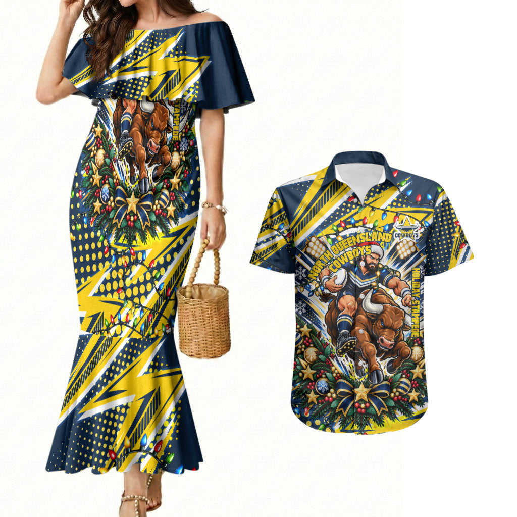 Personalized North Queensland Cowboys Rugby Christmas Couples Matching Mermaid Dress and Hawaiian Shirt Holiday Mascot Graphic Art Festive Lights Bow