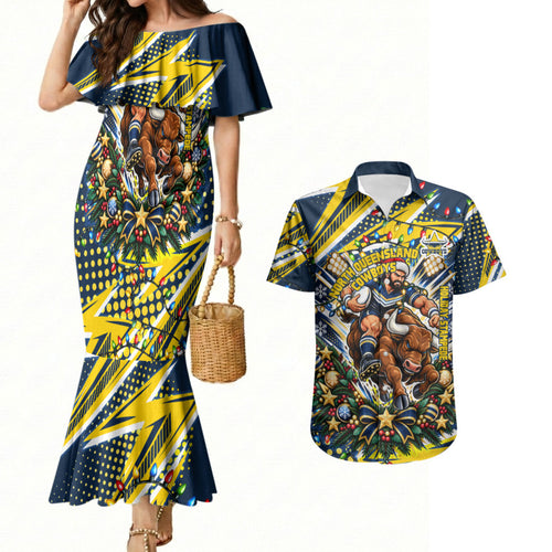 Personalized North Queensland Cowboys Rugby Christmas Couples Matching Mermaid Dress and Hawaiian Shirt Holiday Mascot Graphic Art Festive Lights Bow