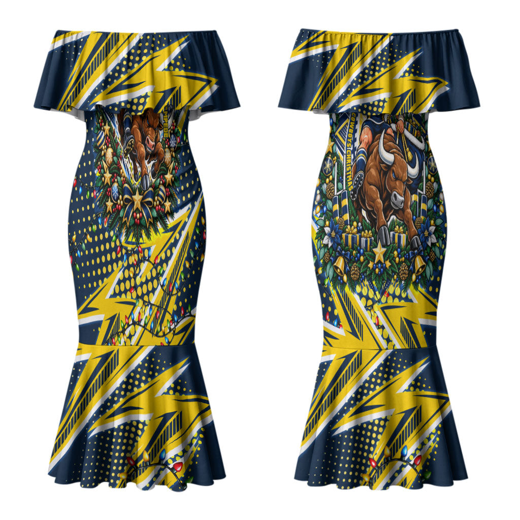 Personalized North Queensland Cowboys Rugby Christmas Couples Matching Mermaid Dress and Hawaiian Shirt Holiday Mascot Graphic Art Festive Lights Bow