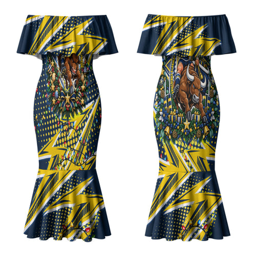 Personalized North Queensland Cowboys Rugby Christmas Couples Matching Mermaid Dress and Long Sleeve Button Shirt Holiday Mascot Graphic Art Festive Lights Bow