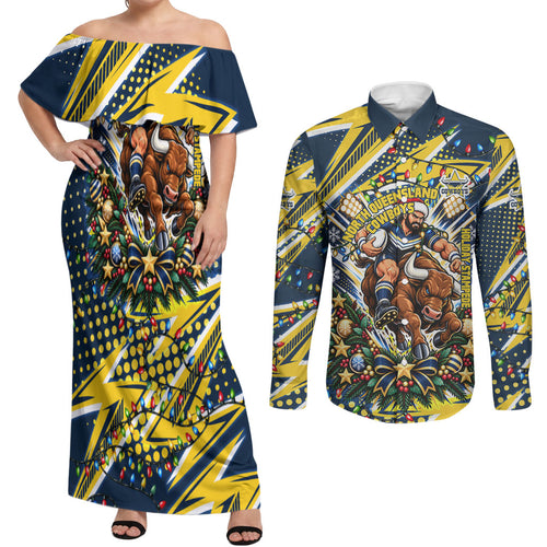 Personalized North Queensland Cowboys Rugby Christmas Couples Matching Off Shoulder Maxi Dress and Long Sleeve Button Shirt Holiday Mascot Graphic Art Festive Lights Bow