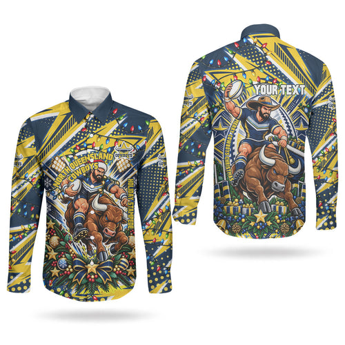 Personalized North Queensland Cowboys Rugby Christmas Couples Matching Off Shoulder Maxi Dress and Long Sleeve Button Shirt Holiday Mascot Graphic Art Festive Lights Bow