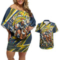 Personalized North Queensland Cowboys Rugby Christmas Couples Matching Off Shoulder Short Dress and Hawaiian Shirt Holiday Mascot Graphic Art Festive Lights Bow