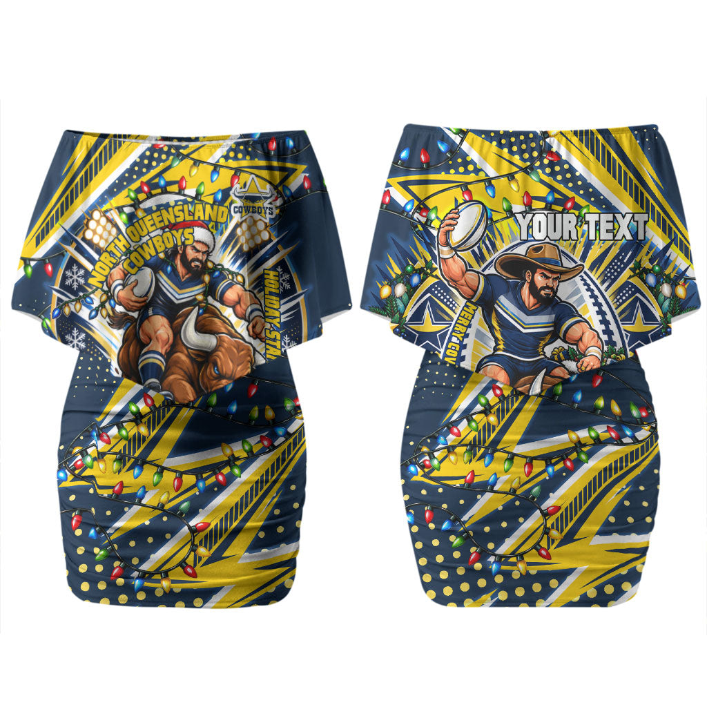 Personalized North Queensland Cowboys Rugby Christmas Couples Matching Off Shoulder Short Dress and Hawaiian Shirt Holiday Mascot Graphic Art Festive Lights Bow