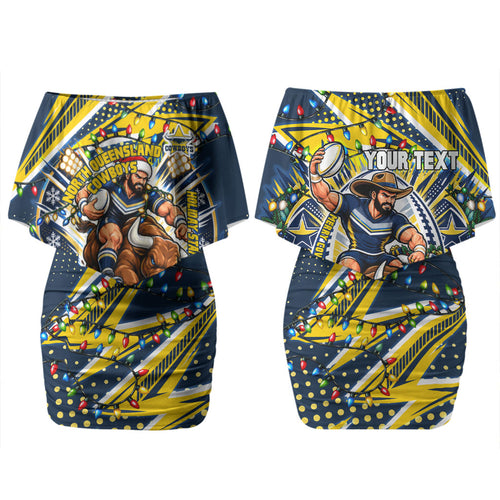 Personalized North Queensland Cowboys Rugby Christmas Couples Matching Off Shoulder Short Dress and Hawaiian Shirt Holiday Mascot Graphic Art Festive Lights Bow