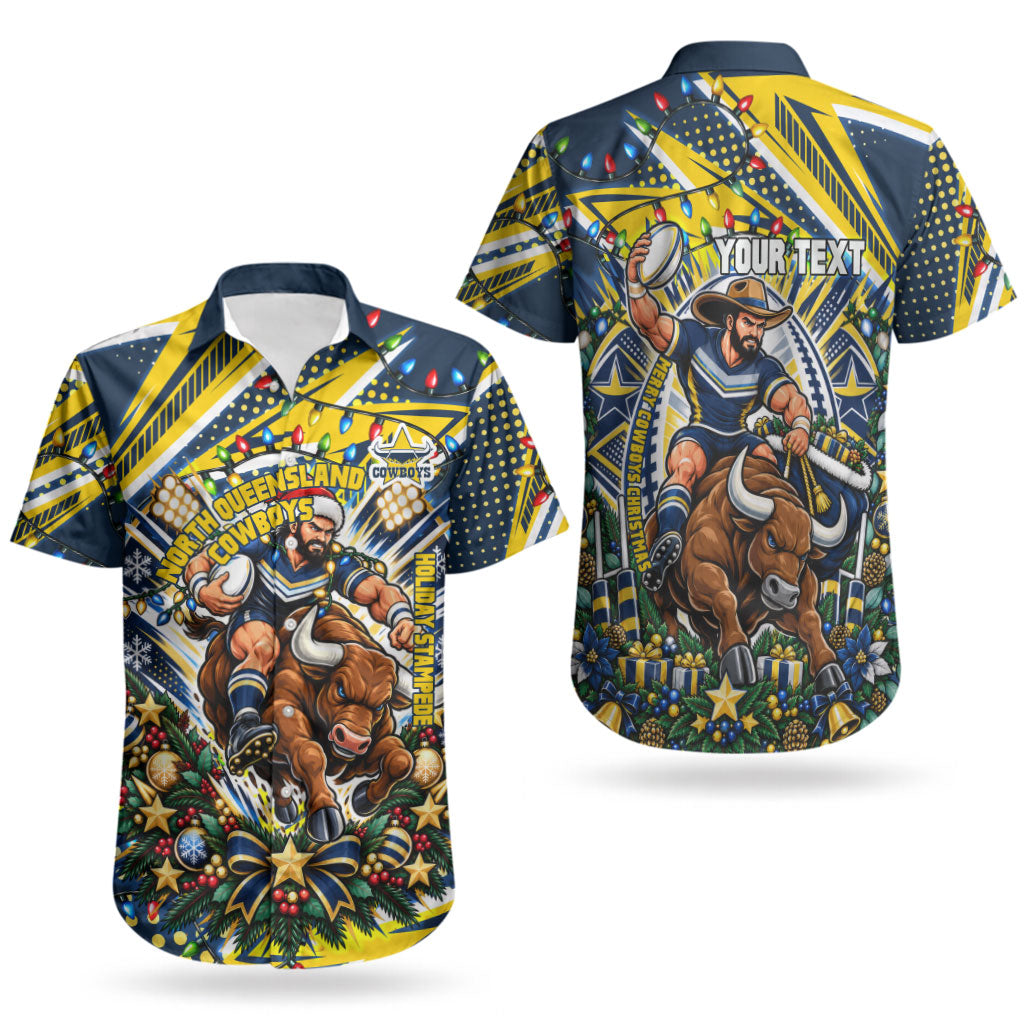 Personalized North Queensland Cowboys Rugby Christmas Couples Matching Off Shoulder Short Dress and Hawaiian Shirt Holiday Mascot Graphic Art Festive Lights Bow