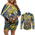 Personalized North Queensland Cowboys Rugby Christmas Couples Matching Off Shoulder Short Dress and Long Sleeve Button Shirt Holiday Mascot Graphic Art Festive Lights Bow