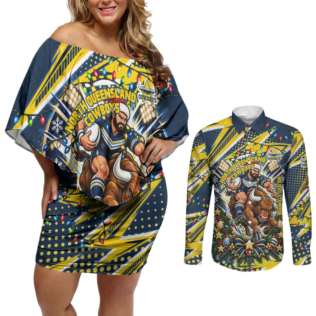 Personalized North Queensland Cowboys Rugby Christmas Couples Matching Off Shoulder Short Dress and Long Sleeve Button Shirt Holiday Mascot Graphic Art Festive Lights Bow