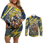 Personalized North Queensland Cowboys Rugby Christmas Couples Matching Off Shoulder Short Dress and Long Sleeve Button Shirt Holiday Mascot Graphic Art Festive Lights Bow