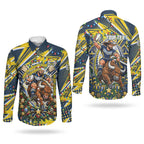 Personalized North Queensland Cowboys Rugby Christmas Couples Matching Off Shoulder Short Dress and Long Sleeve Button Shirt Holiday Mascot Graphic Art Festive Lights Bow