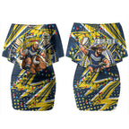 Personalized North Queensland Cowboys Rugby Christmas Couples Matching Off Shoulder Short Dress and Long Sleeve Button Shirt Holiday Mascot Graphic Art Festive Lights Bow